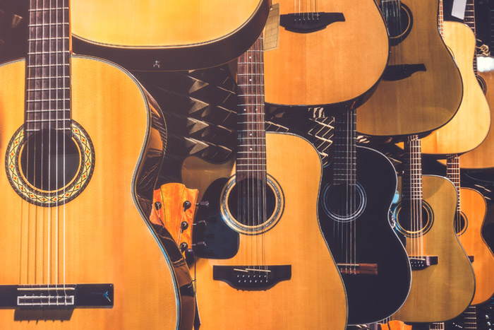 guitars hanging in music shop
